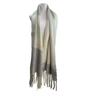 Free People Oversized Brushed Blanket Scarf Wrap Fringe Gray Cream Mint NWT